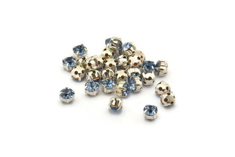 12 Light Sapphire Crystal Rhinestone Beads With 4 Holes Brass Setting for SS24, Charms, Pendants, Earrings - 5.3mm SS24