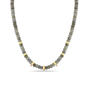 14k Gold & Labradorite Rondelle Bead Necklace with 3 Prong Diamonds