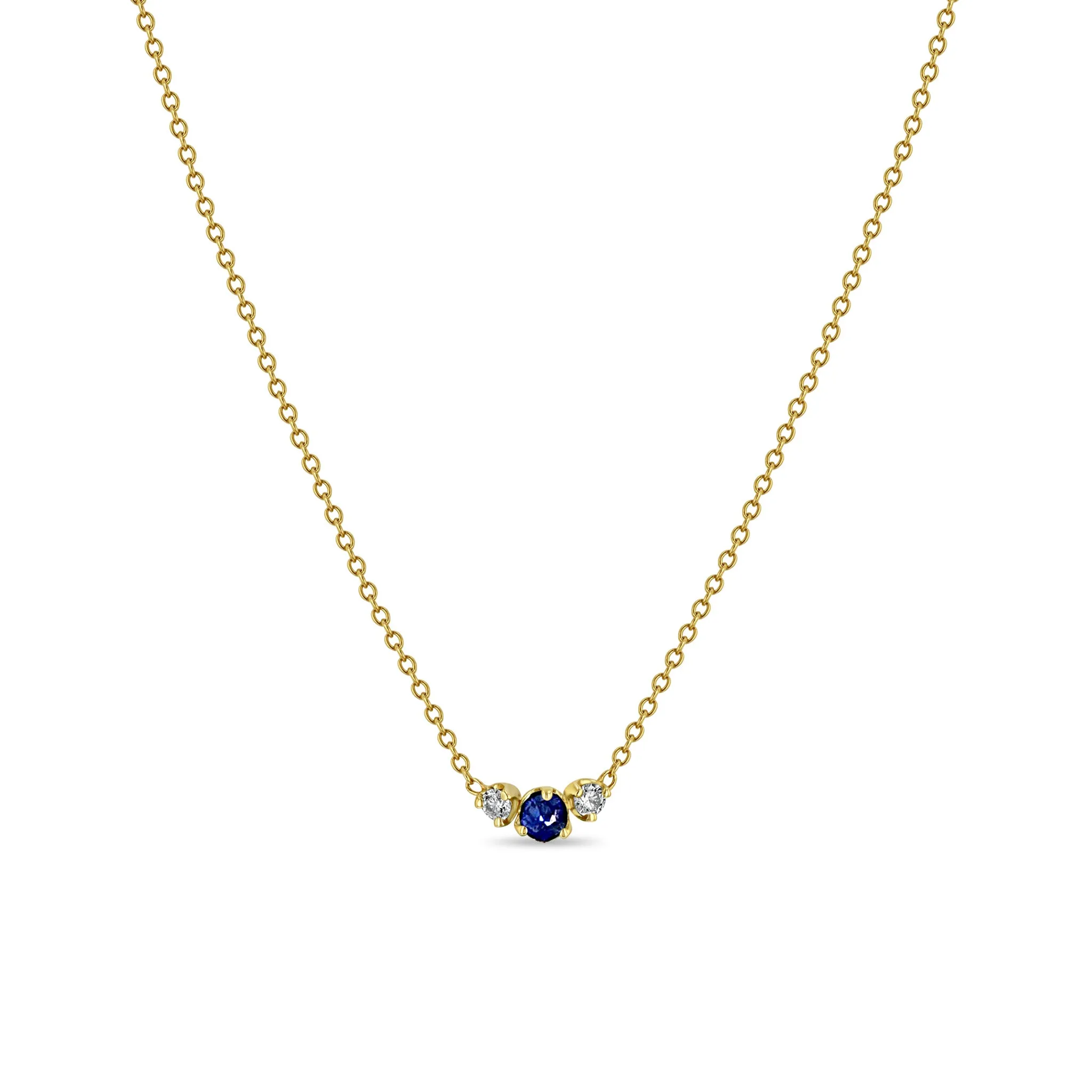 14k Mixed Prong Blue Sapphire & Diamond Trio Necklace