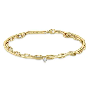 14k Prong Diamond Cuff & Medium Square Oval Chain Double Bracelet