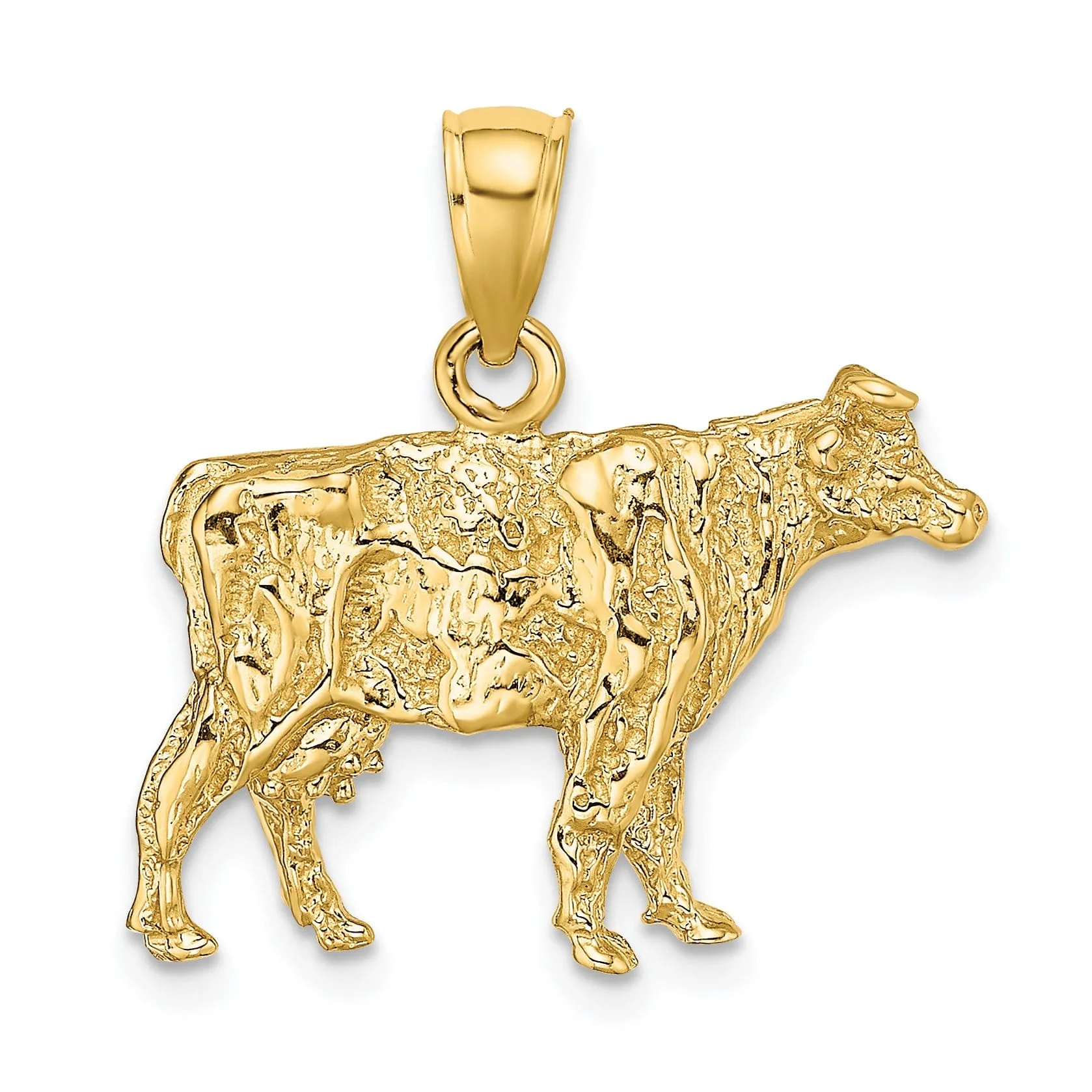 14K Yellow Gold 3-Dimentional Textured Polished Finish Cow Charm Pendant