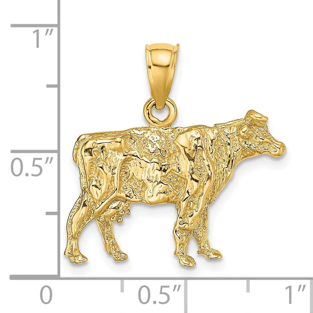 14K Yellow Gold 3-Dimentional Textured Polished Finish Cow Charm Pendant