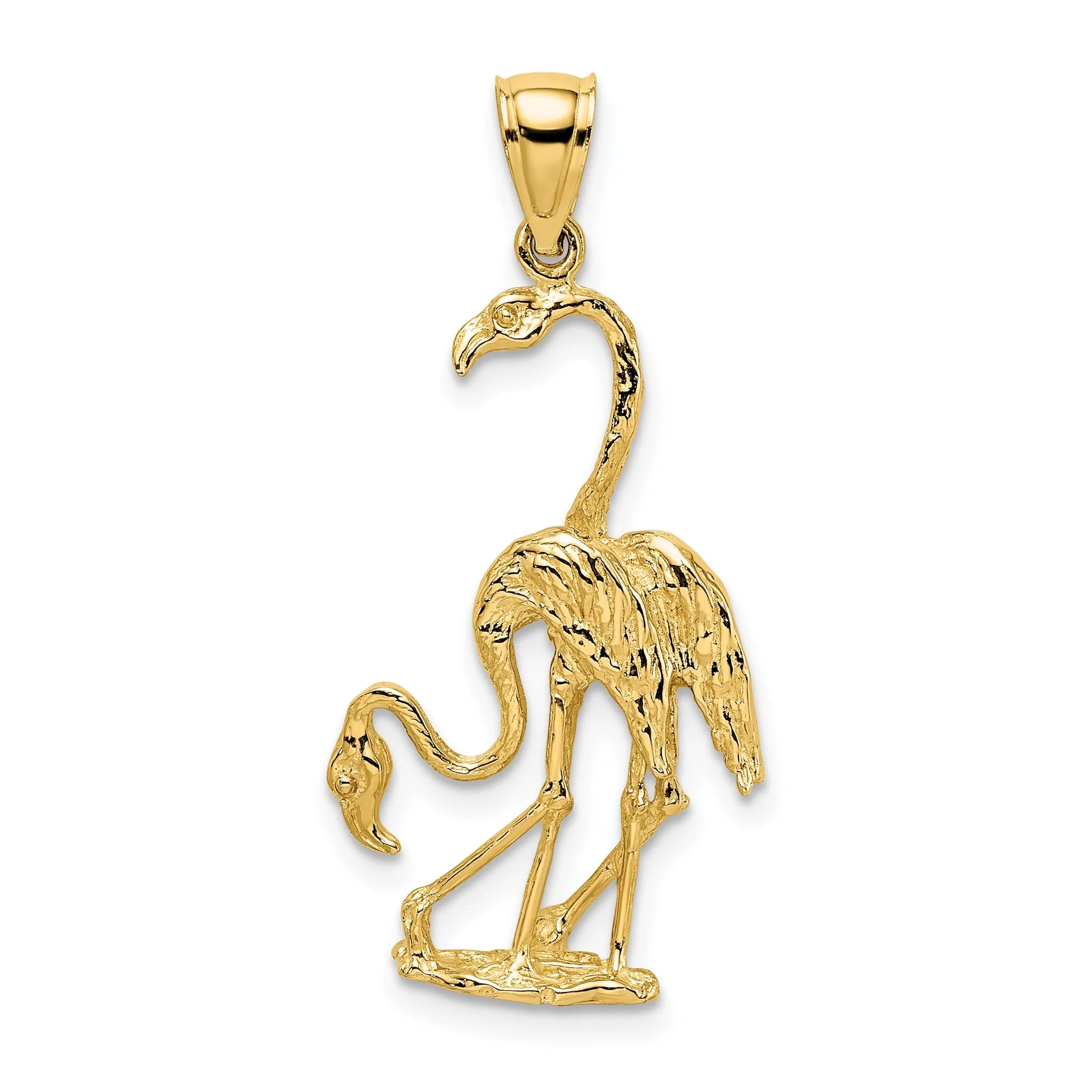 14k Yellow Gold Textured Polished Finish 3-Dimensional Double Flamingo Bird Charm Pendant