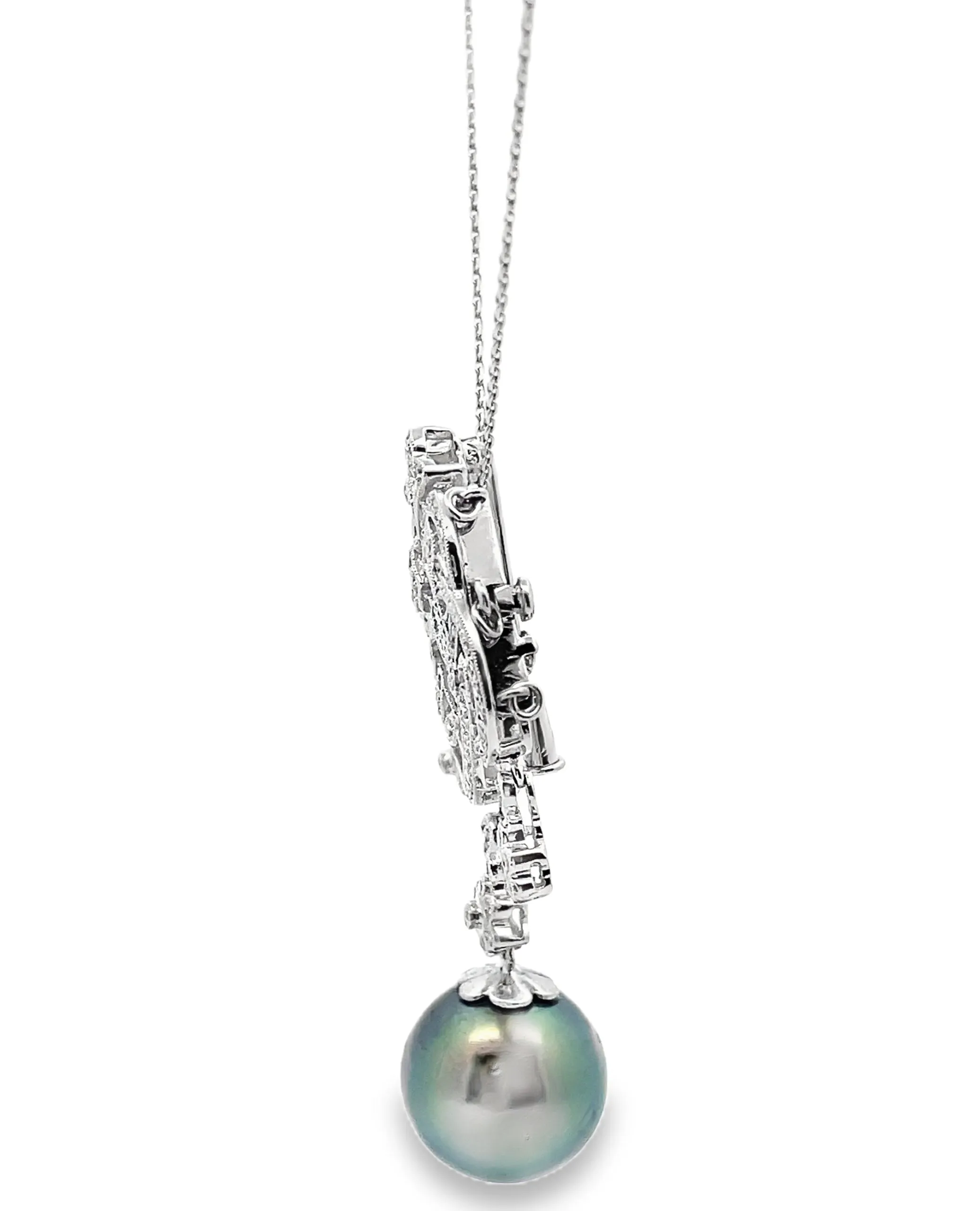 18K White Gold Antique Inspired Pendant Necklace with South Sea Tahitian Pearl