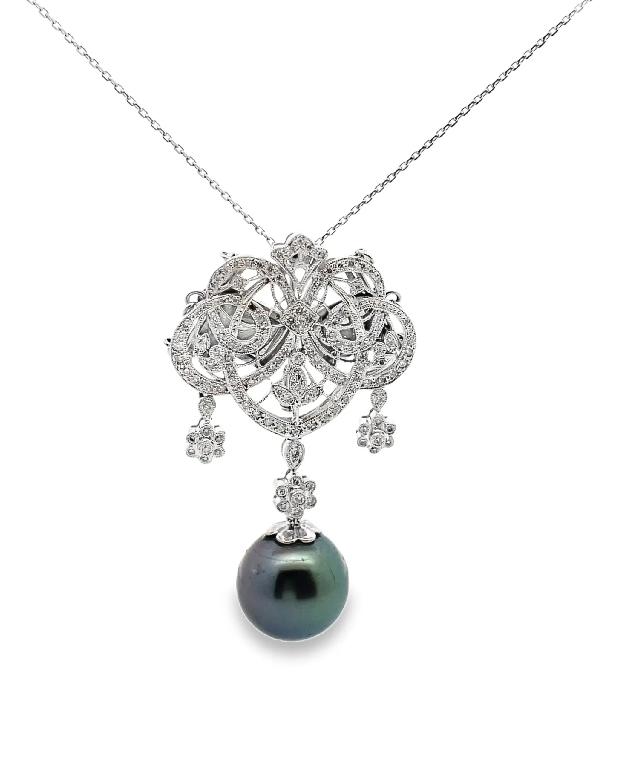 18K White Gold Antique Inspired Pendant Necklace with South Sea Tahitian Pearl