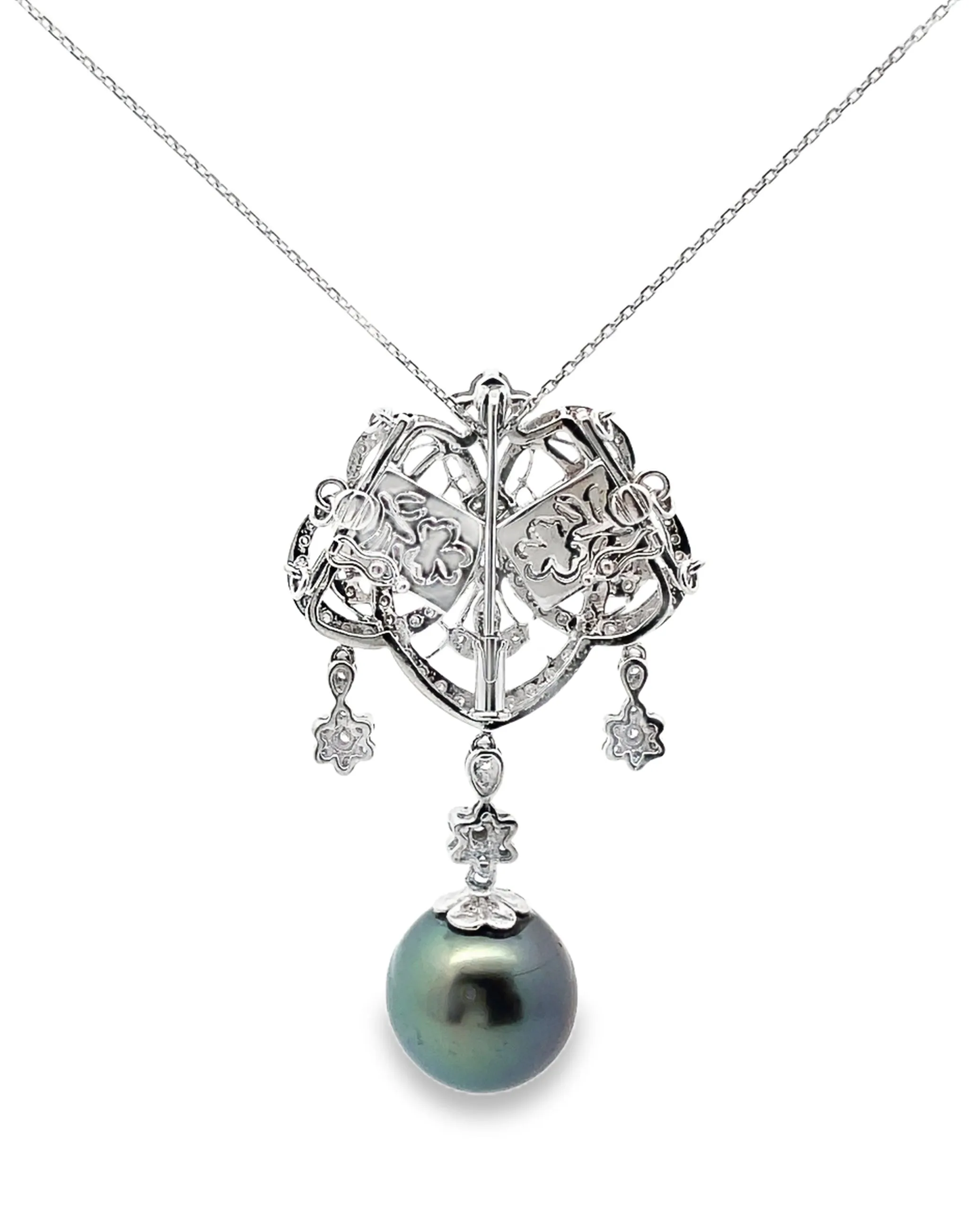 18K White Gold Antique Inspired Pendant Necklace with South Sea Tahitian Pearl