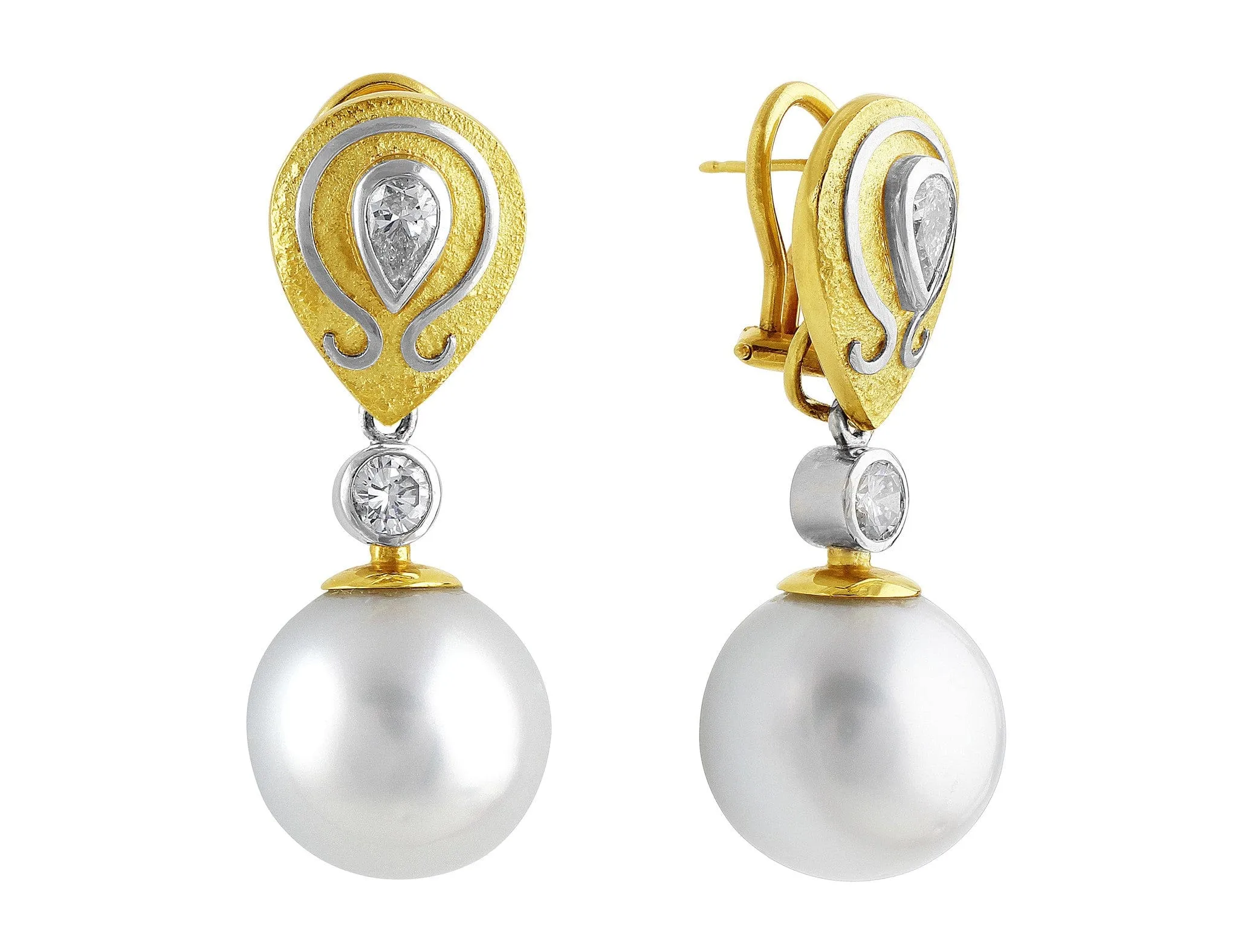 18k White Yellow Gold South Sea Pearl Earrings with Art Setting