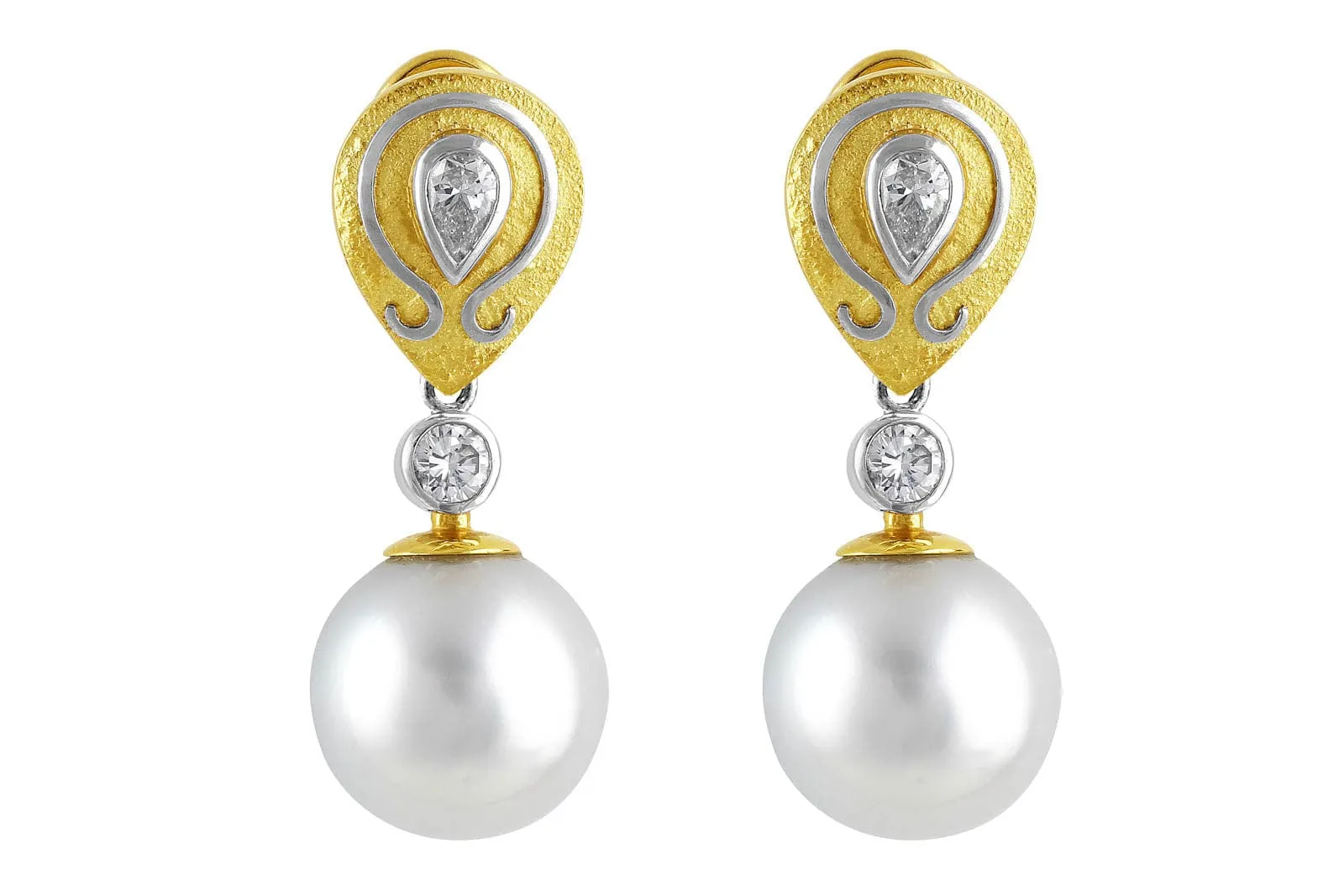 18k White Yellow Gold South Sea Pearl Earrings with Art Setting