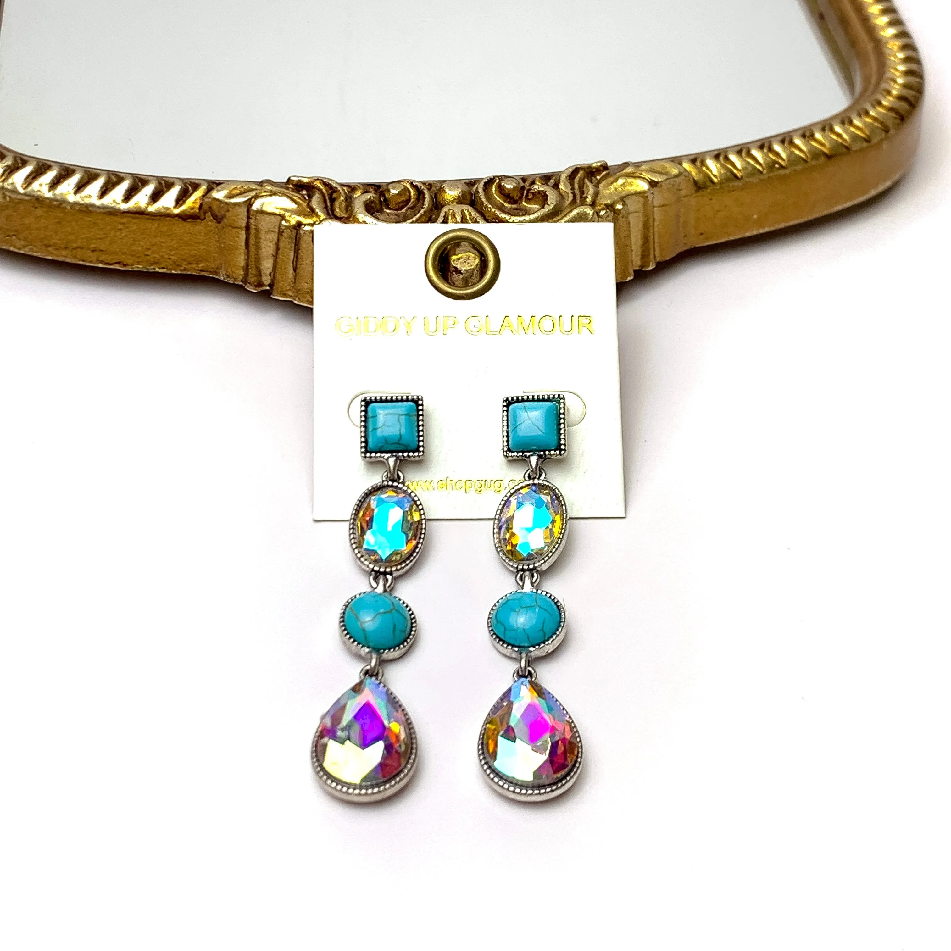 4 Tier Square Post Faux Turquoise and AB Crystal Dangle Earrings