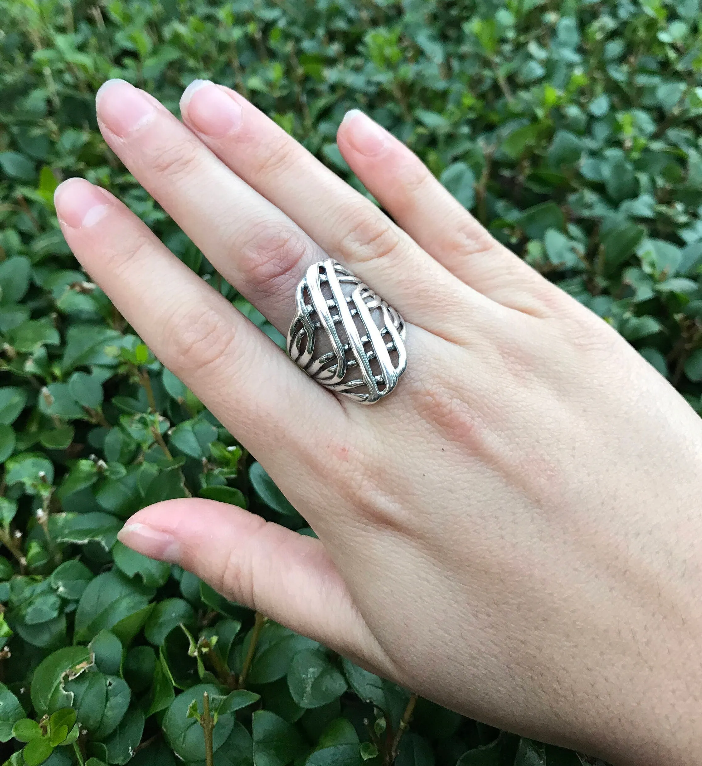 Abstract Silver Ring - Long Wide Band - Silver Artistic Ring