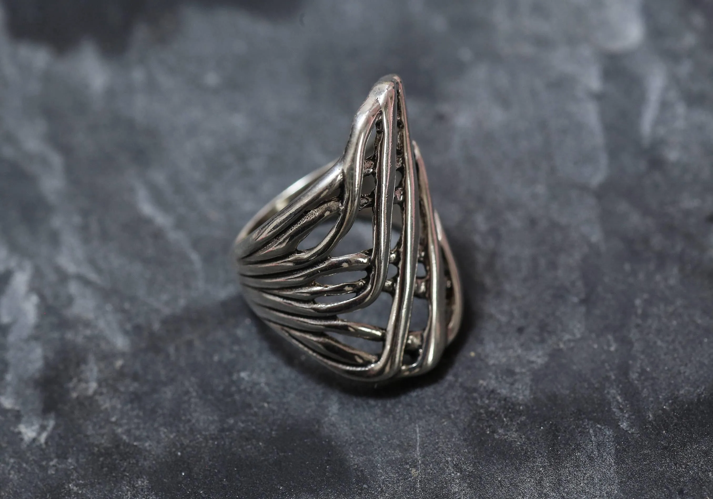 Abstract Silver Ring - Long Wide Band - Silver Artistic Ring