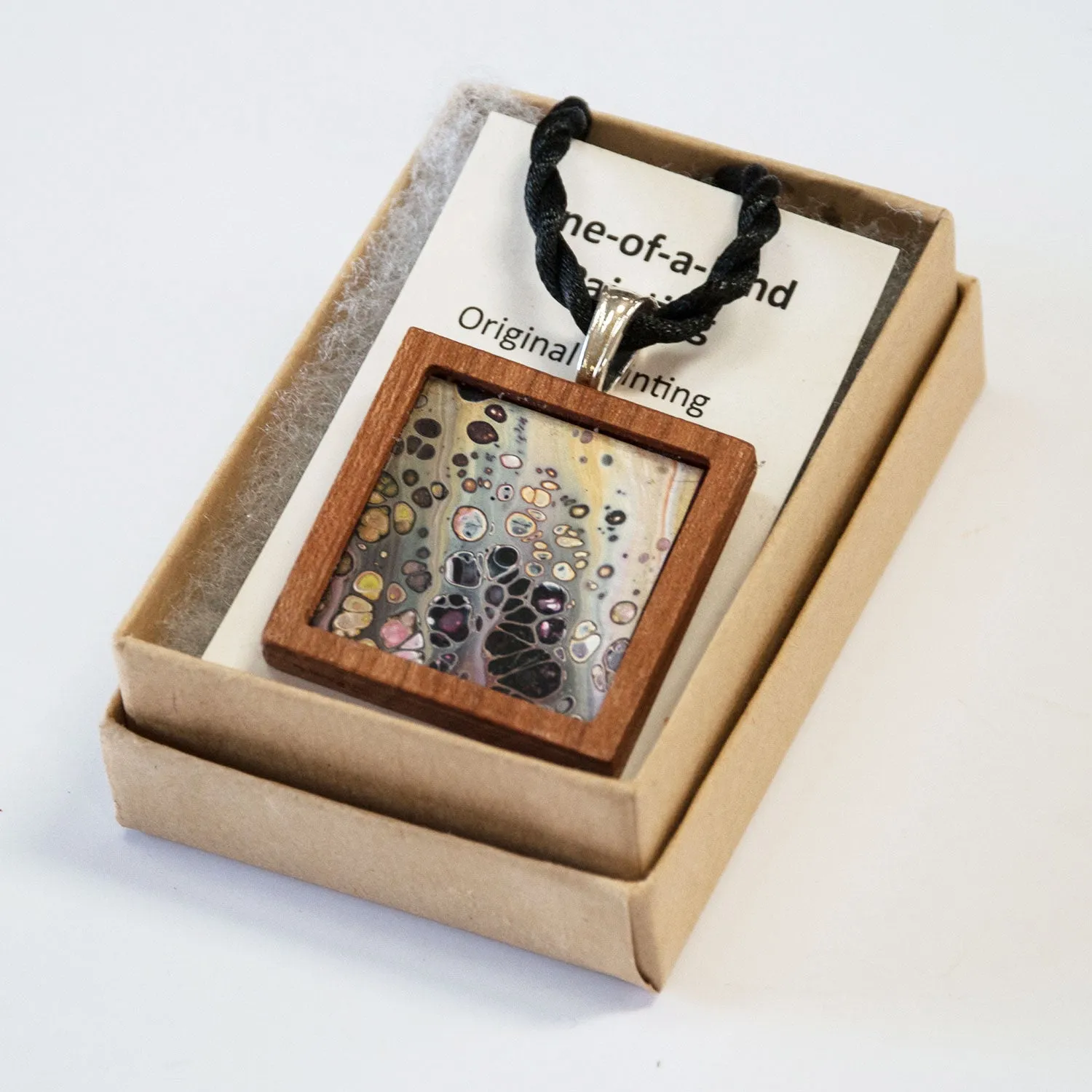 Art Necklace, olive, pink, yellow painting in hardwood frame