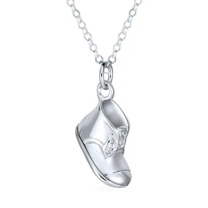 Baby Shoe Bootie Charm Pendant Necklace for New Mothers CZ Sterling Silver Gift