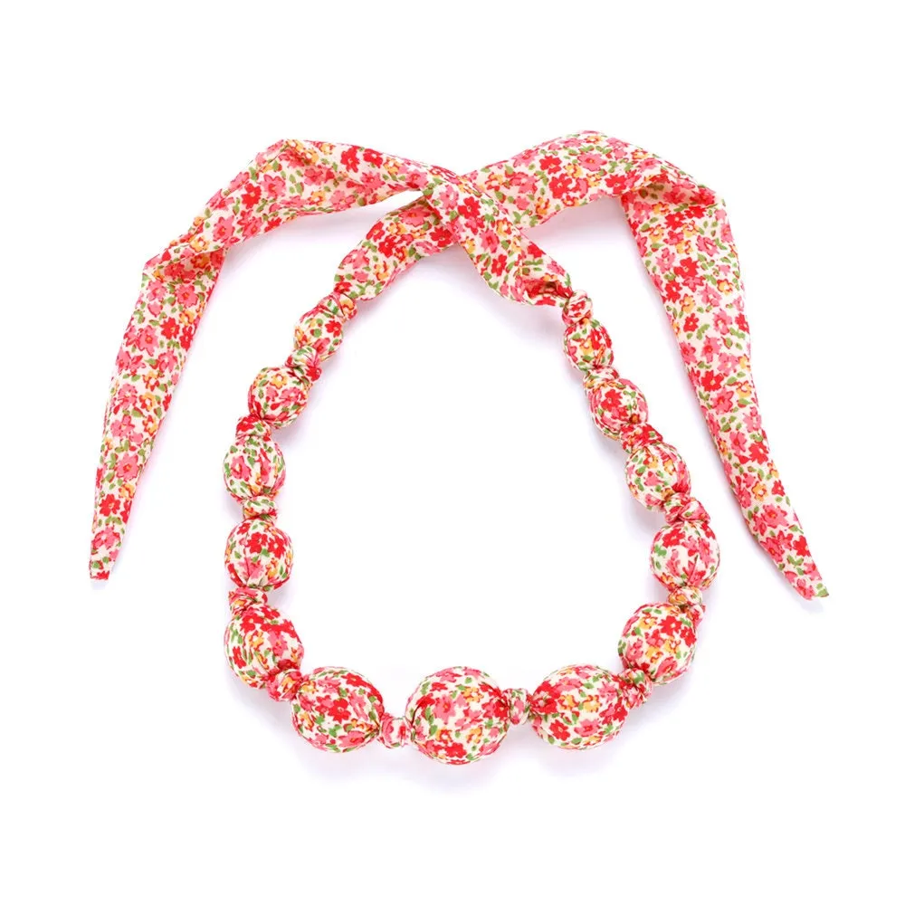 Beaded Cloth Necklace, Floral Red