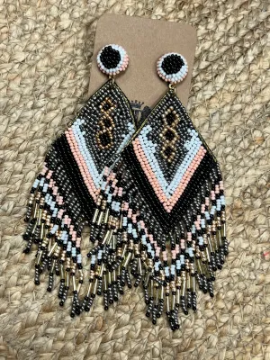 Beaded Rhombus   Tassel Earrings in Black