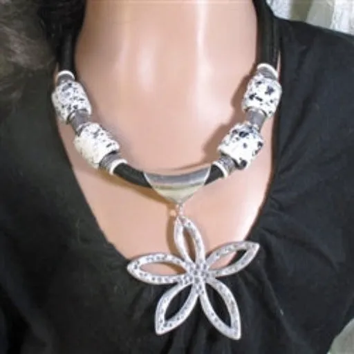 Big Bold Black & White Statement Necklace with Flower Pendant