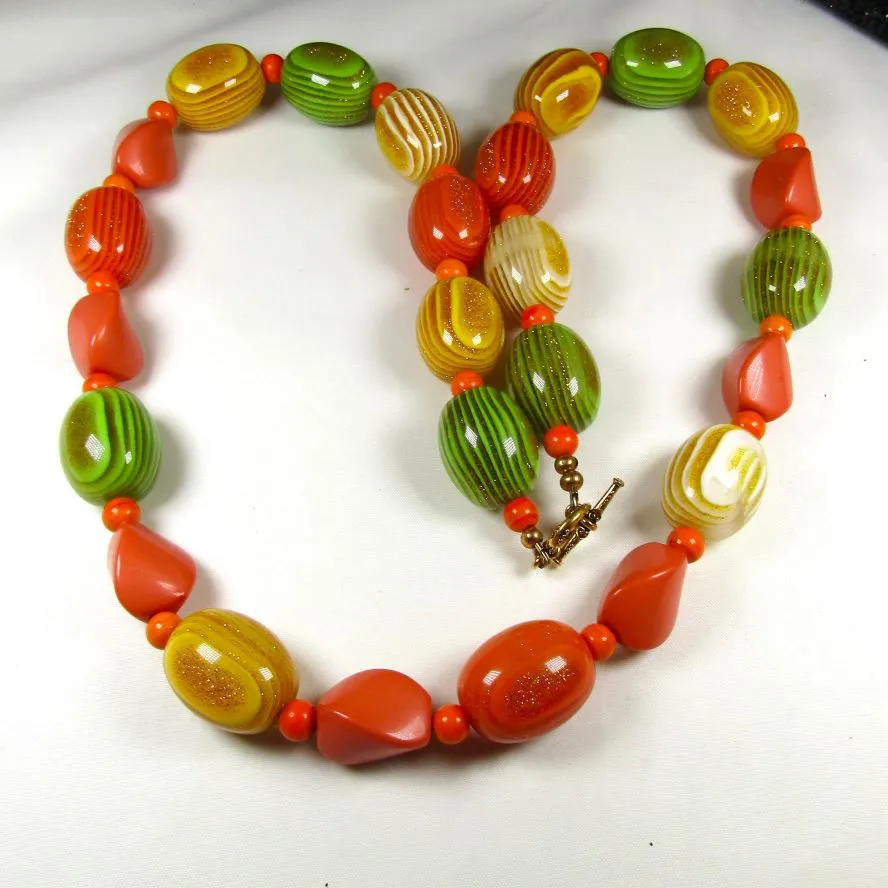 Big Bold Long Yellow Green & Tangerine Beaded  Necklace