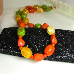 Big Bold Long Yellow Green & Tangerine Beaded  Necklace