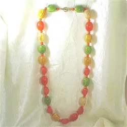 Big Bold Long Yellow Green & Tangerine Beaded  Necklace