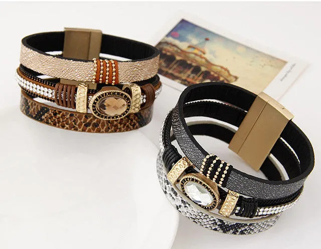 Big Brand Fashion Gem Rhinestone Wide Magnetic Leather Bracelets Bangles for Women Men Wristband brazaletes pulseras mujer