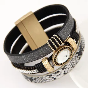 Big Brand Fashion Gem Rhinestone Wide Magnetic Leather Bracelets Bangles for Women Men Wristband brazaletes pulseras mujer