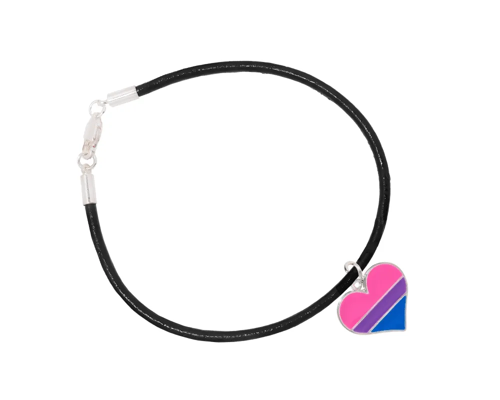 Bisexual Heart Charm Black Leather Cord Bracelets