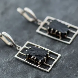 Black Agate Earrings - Dangling Statement Earrings - Black Chandelier Earrings