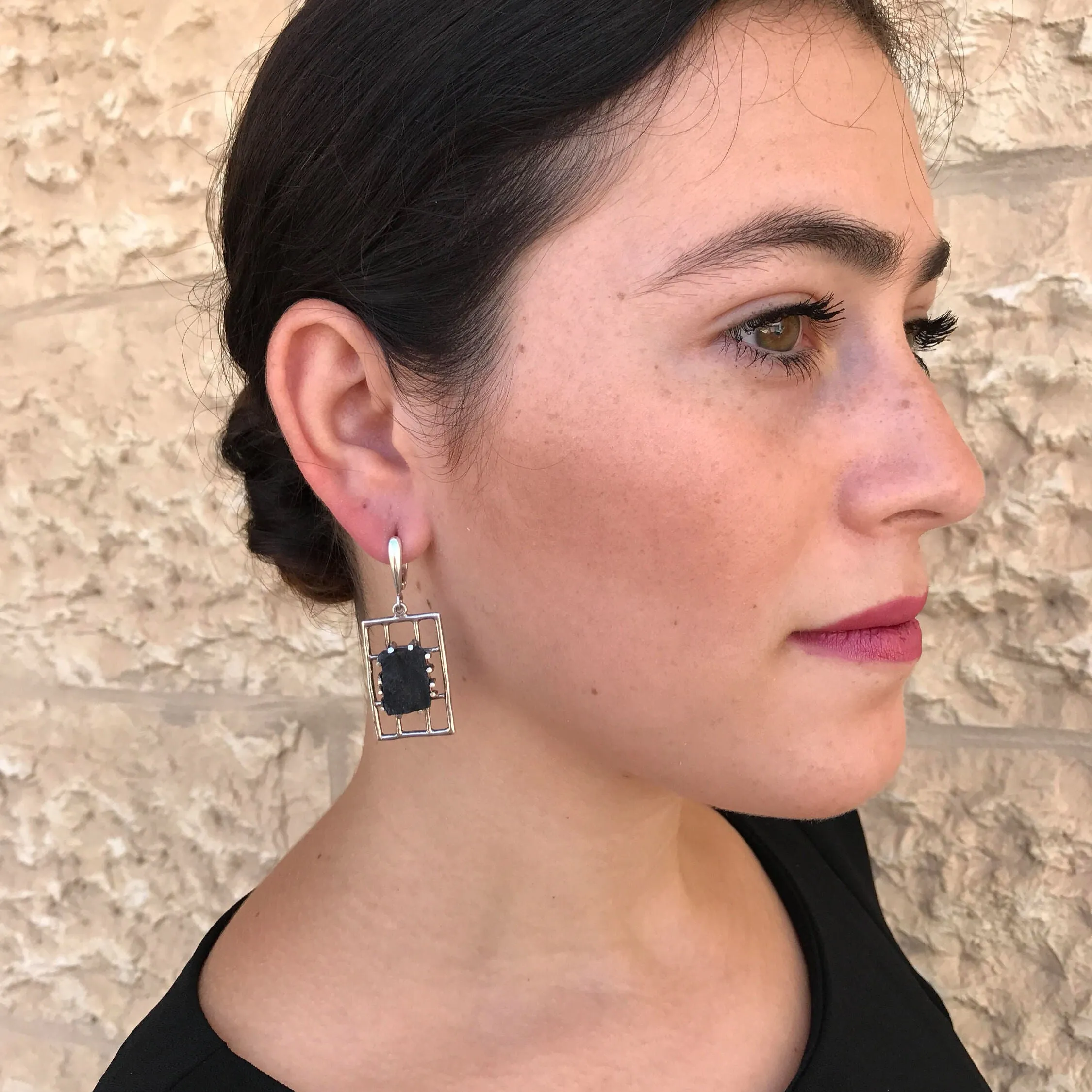 Black Agate Earrings - Dangling Statement Earrings - Black Chandelier Earrings