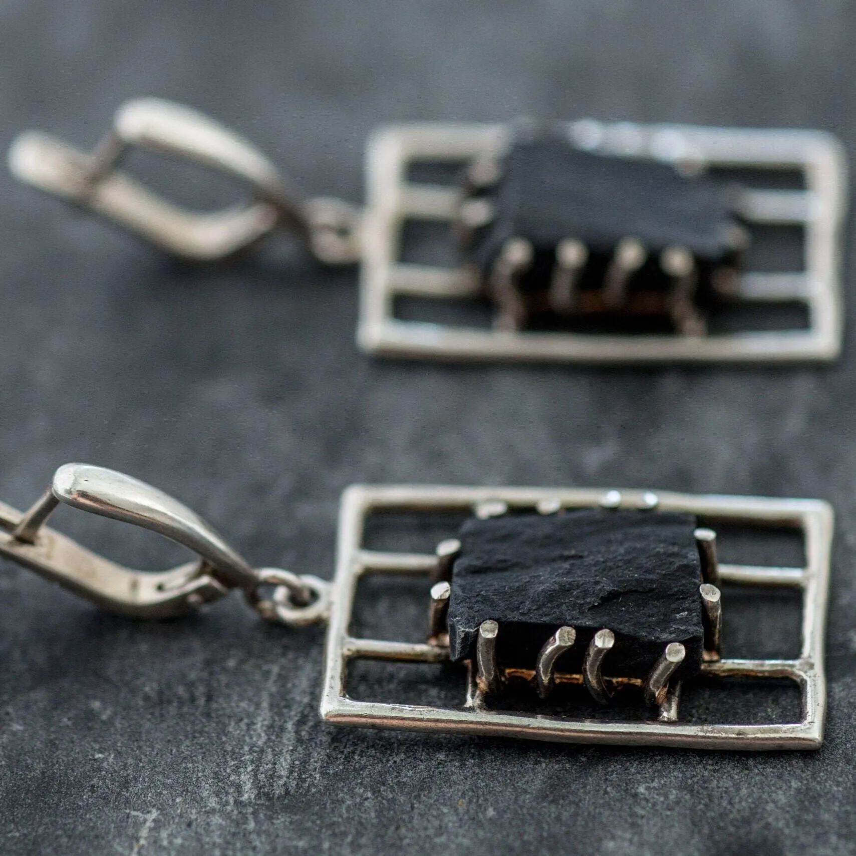 Black Agate Earrings - Dangling Statement Earrings - Black Chandelier Earrings