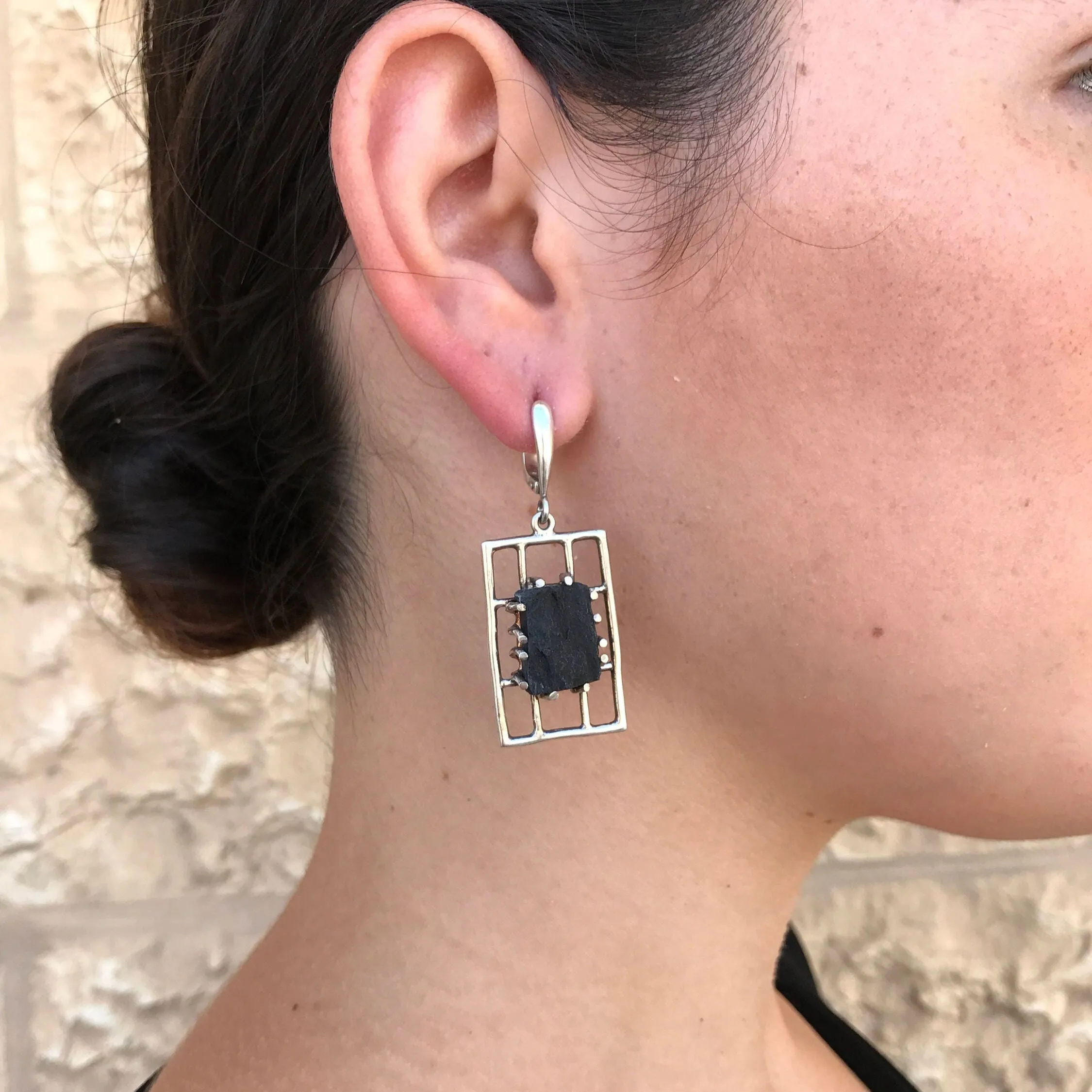 Black Agate Earrings - Dangling Statement Earrings - Black Chandelier Earrings