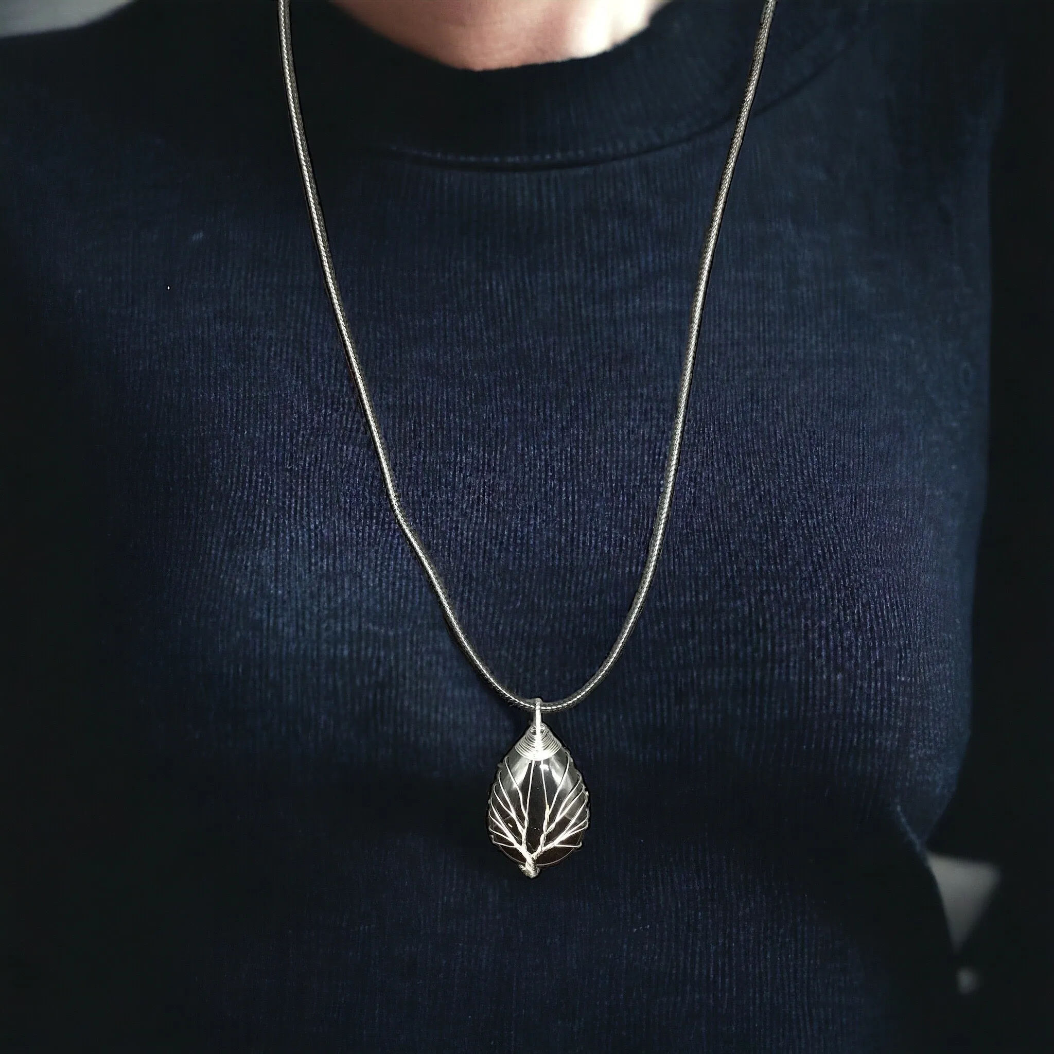 Black Gemstone Pendant Wrapped w/ Silver Tree of Life