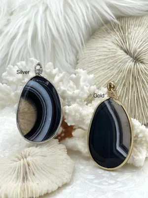 Black Mixed Color Agate Pendant with Wire Wrapped Bezel Brass Gold or Silver Natural Stone Variety of Sizes and Color Stone PendantFast Ship