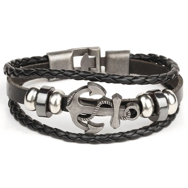 Black/Brown Rock Multilayer Handmade Leather Nautical Anchor Bracelets Men Retro Braided Charm Bracelet Pulseras Mujer