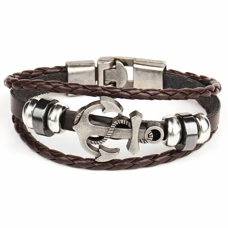 Black/Brown Rock Multilayer Handmade Leather Nautical Anchor Bracelets Men Retro Braided Charm Bracelet Pulseras Mujer