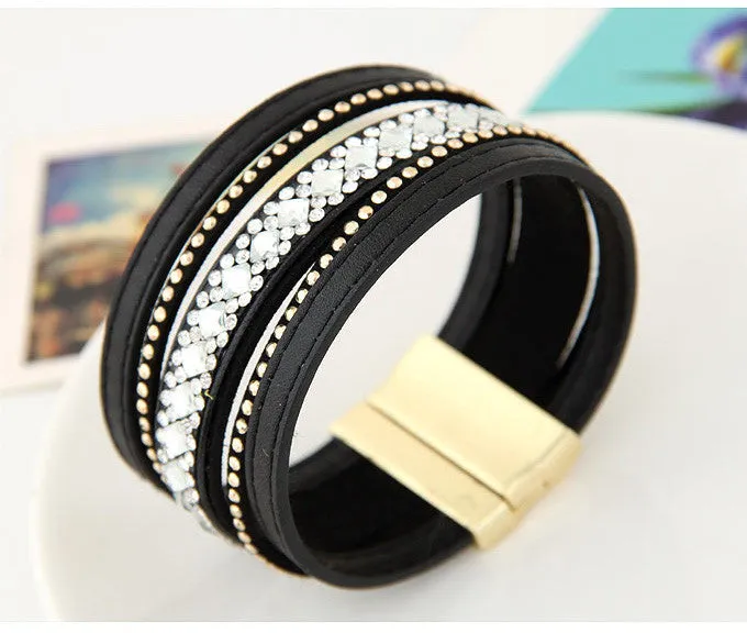 Bohemian Handmade Full Stone Shining Layer Leather Bracelets Bangles for Women Magnetic Wristband brazaletes pulseras mujer