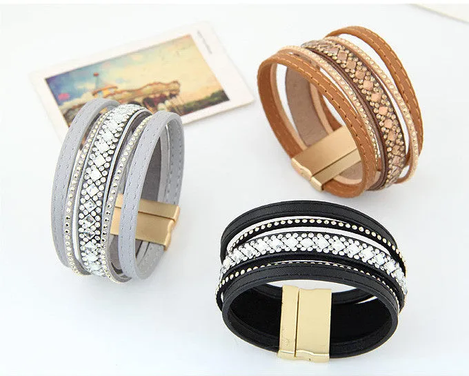 Bohemian Handmade Full Stone Shining Layer Leather Bracelets Bangles for Women Magnetic Wristband brazaletes pulseras mujer