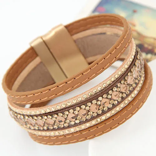 Bohemian Handmade Full Stone Shining Layer Leather Bracelets Bangles for Women Magnetic Wristband brazaletes pulseras mujer