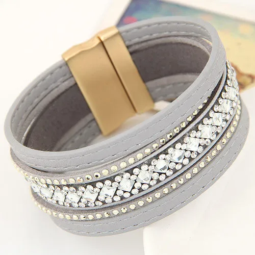 Bohemian Handmade Full Stone Shining Layer Leather Bracelets Bangles for Women Magnetic Wristband brazaletes pulseras mujer