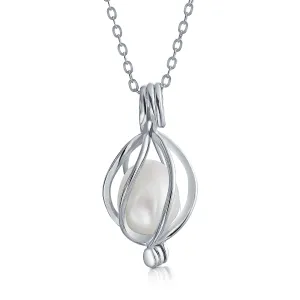 Bridal Necklace Teardrop Pearl Birdcage Pendant in Sterling Silver for Weddings