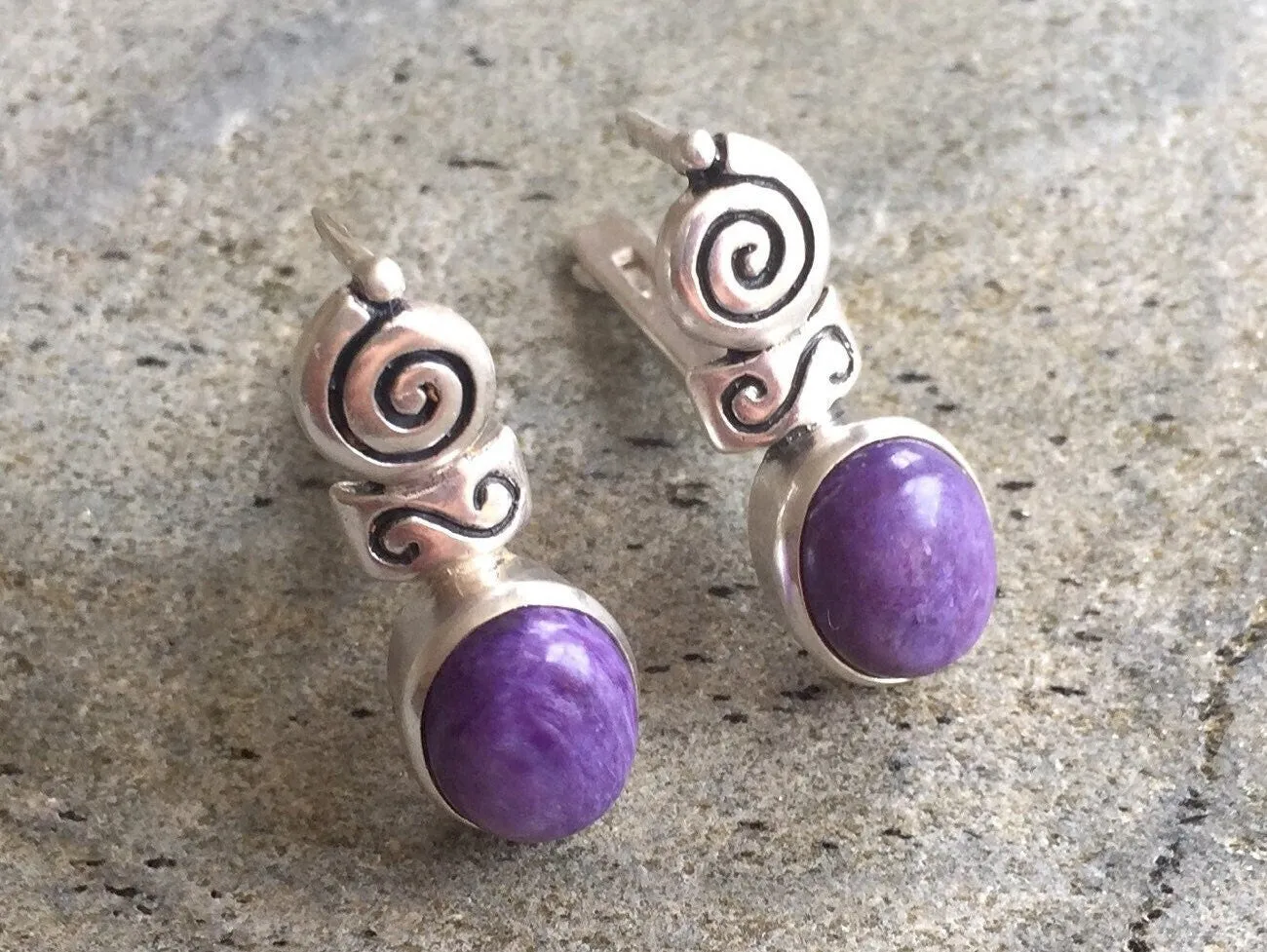 Charoite Earrings - Purple Boho Earrings - Charoite Bezel Earrings