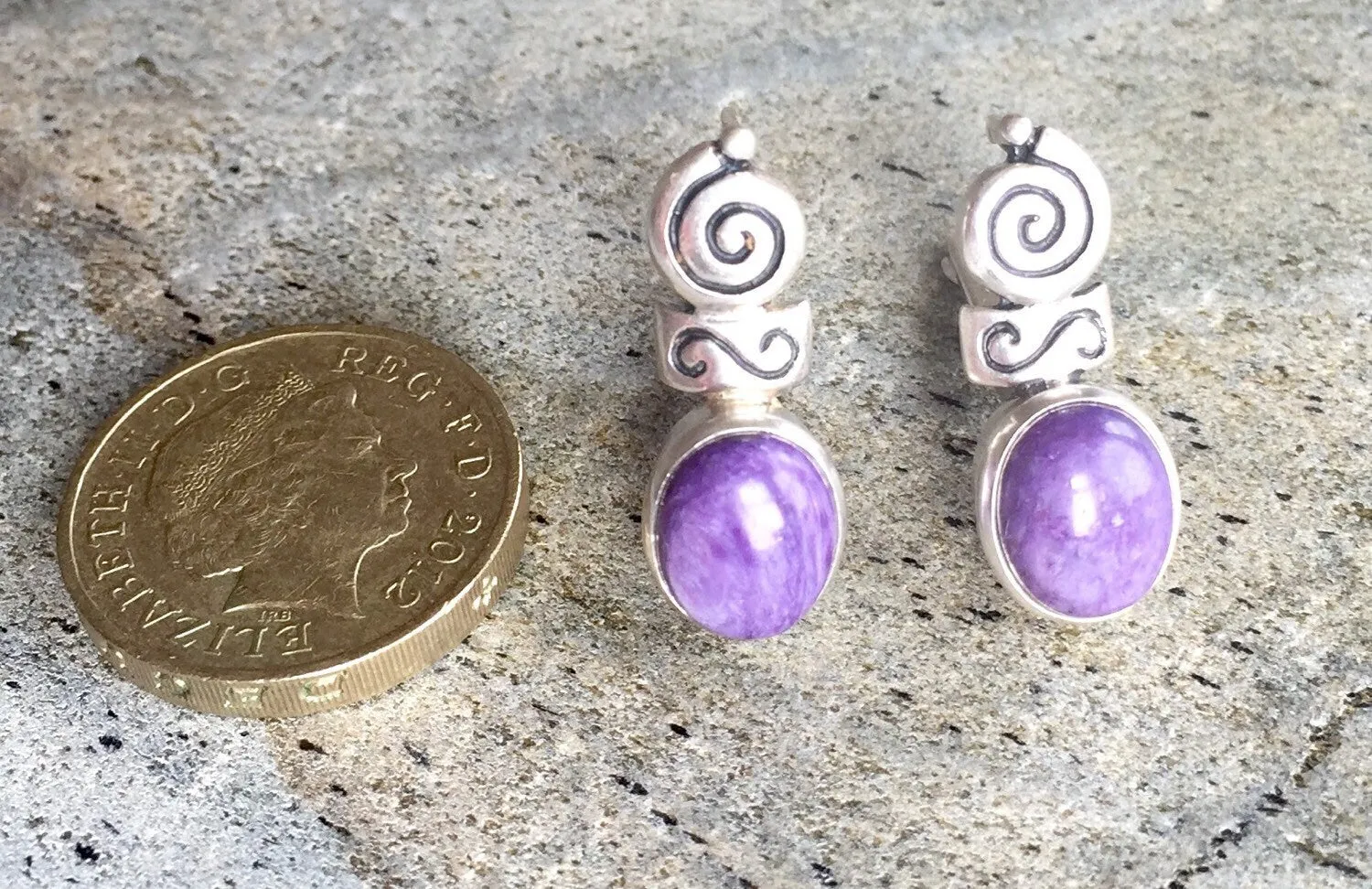 Charoite Earrings - Purple Boho Earrings - Charoite Bezel Earrings