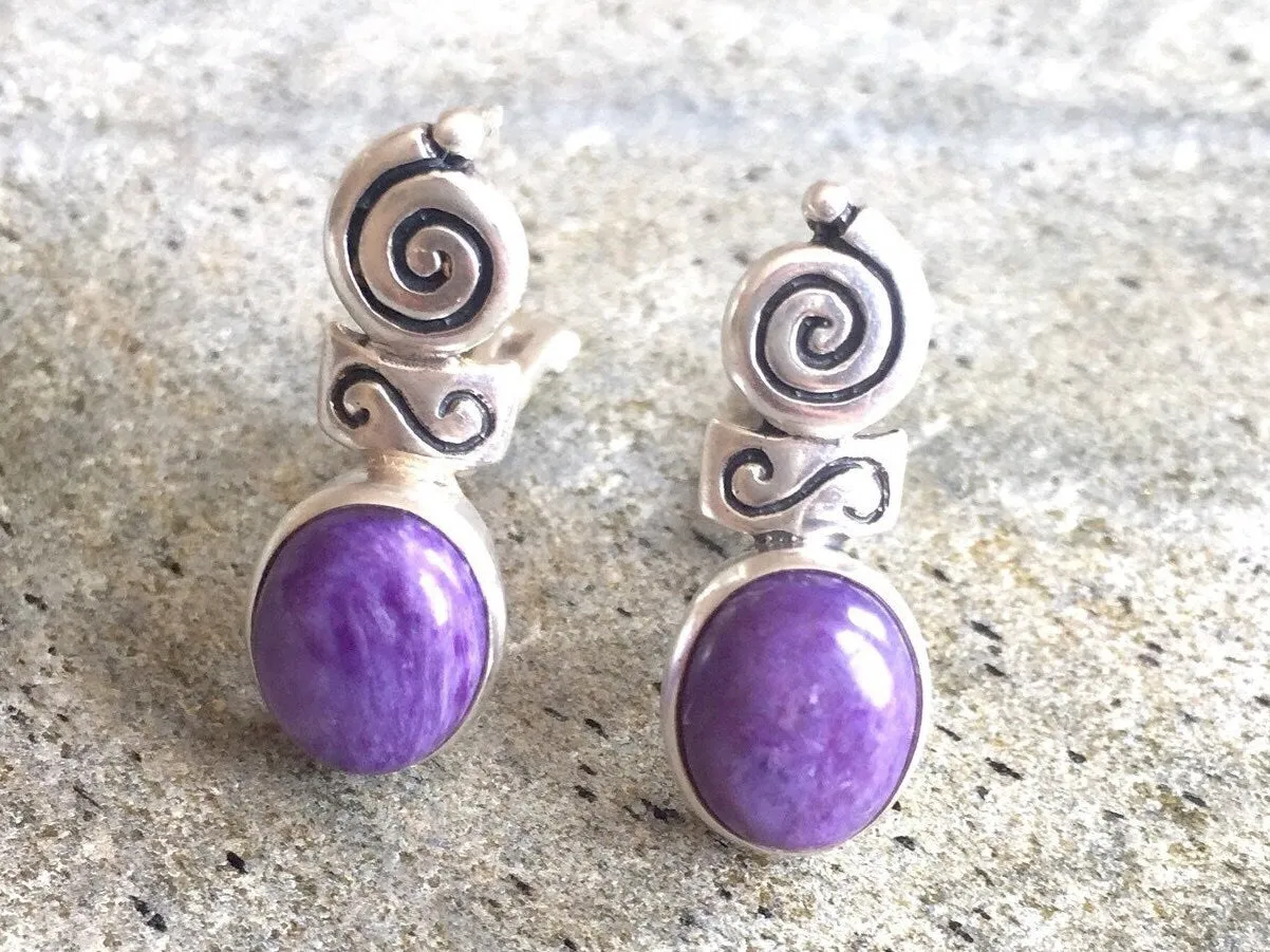 Charoite Earrings - Purple Boho Earrings - Charoite Bezel Earrings