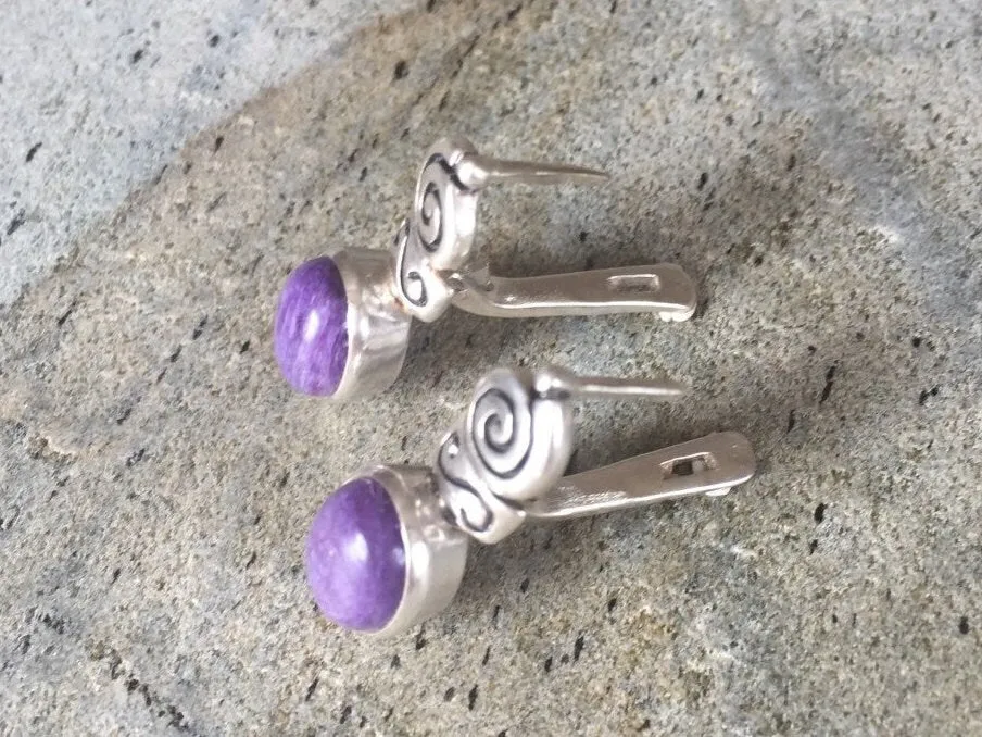 Charoite Earrings - Purple Boho Earrings - Charoite Bezel Earrings