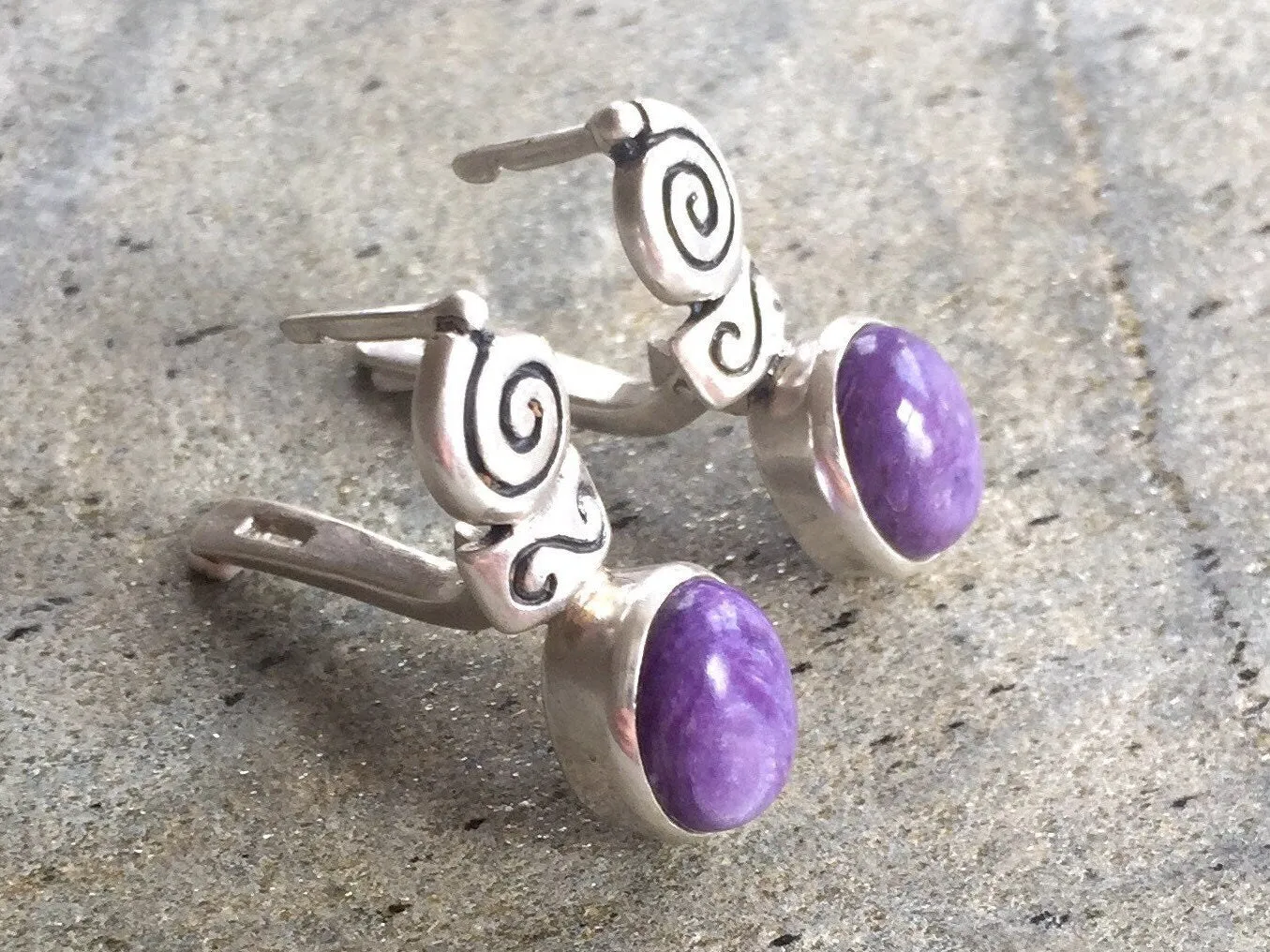 Charoite Earrings - Purple Boho Earrings - Charoite Bezel Earrings