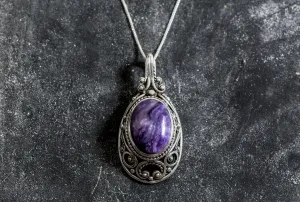 Charoite Necklace - Purple Victorian Necklace - Large Vintage Pendant