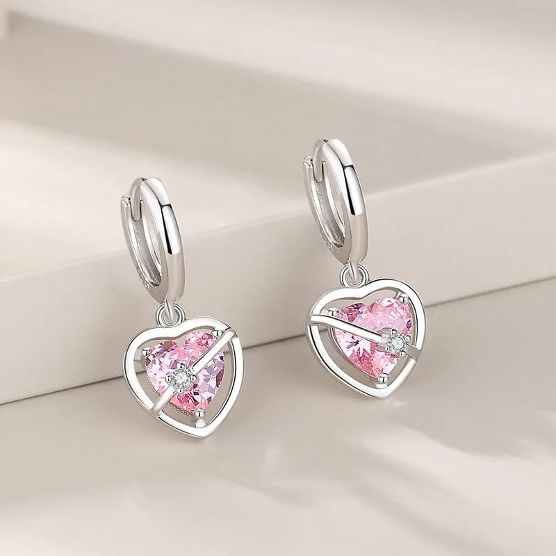 Chic Sweet Pink Crystal Dangle Heart Earrings