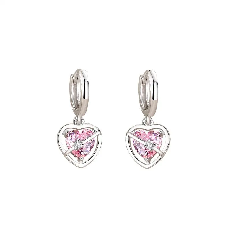 Chic Sweet Pink Crystal Dangle Heart Earrings