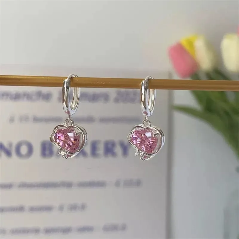 Chic Sweet Pink Crystal Dangle Heart Earrings