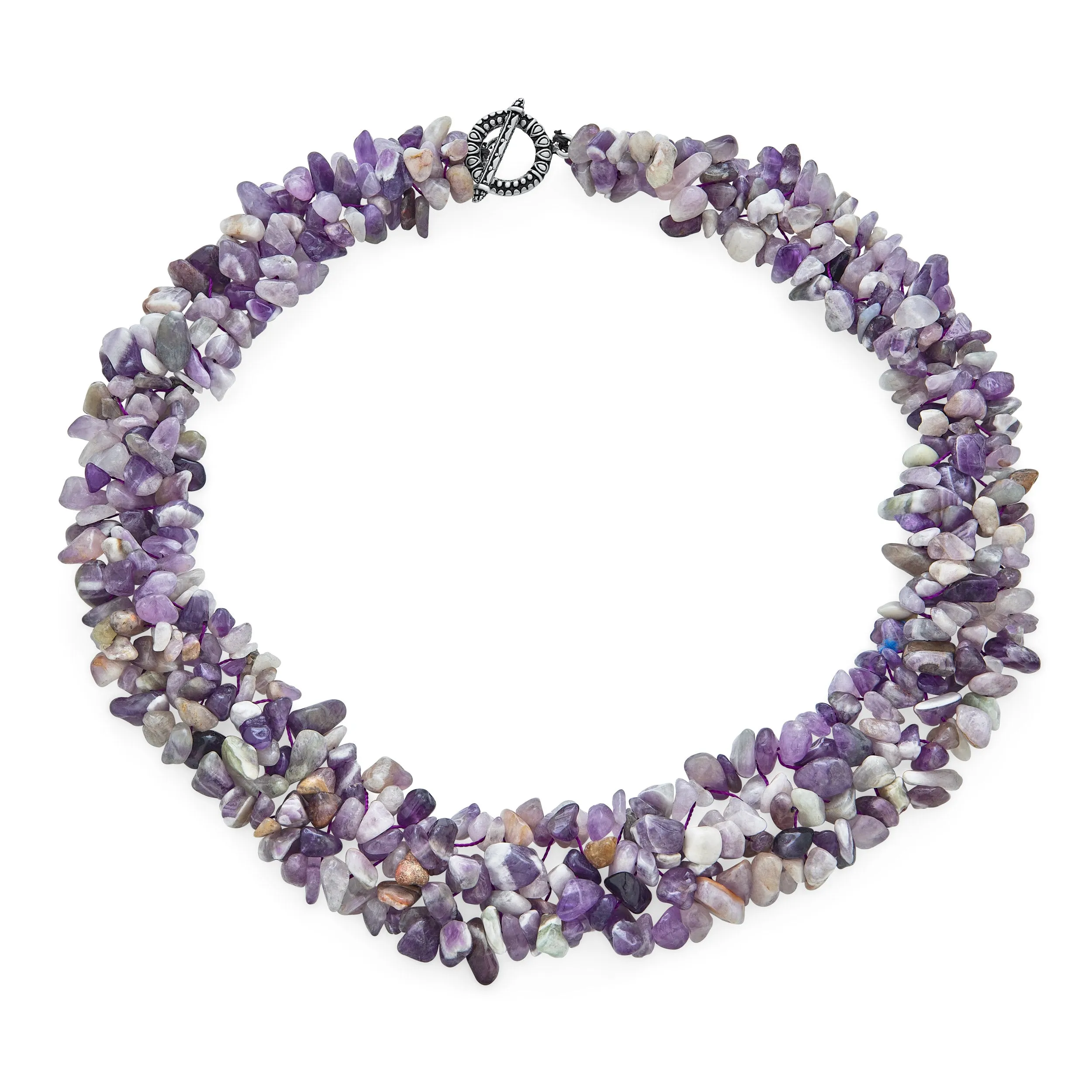 Chunky Gemstone Cluster Multi Strand Bib Collar Necklace with Amethyst & Quartz