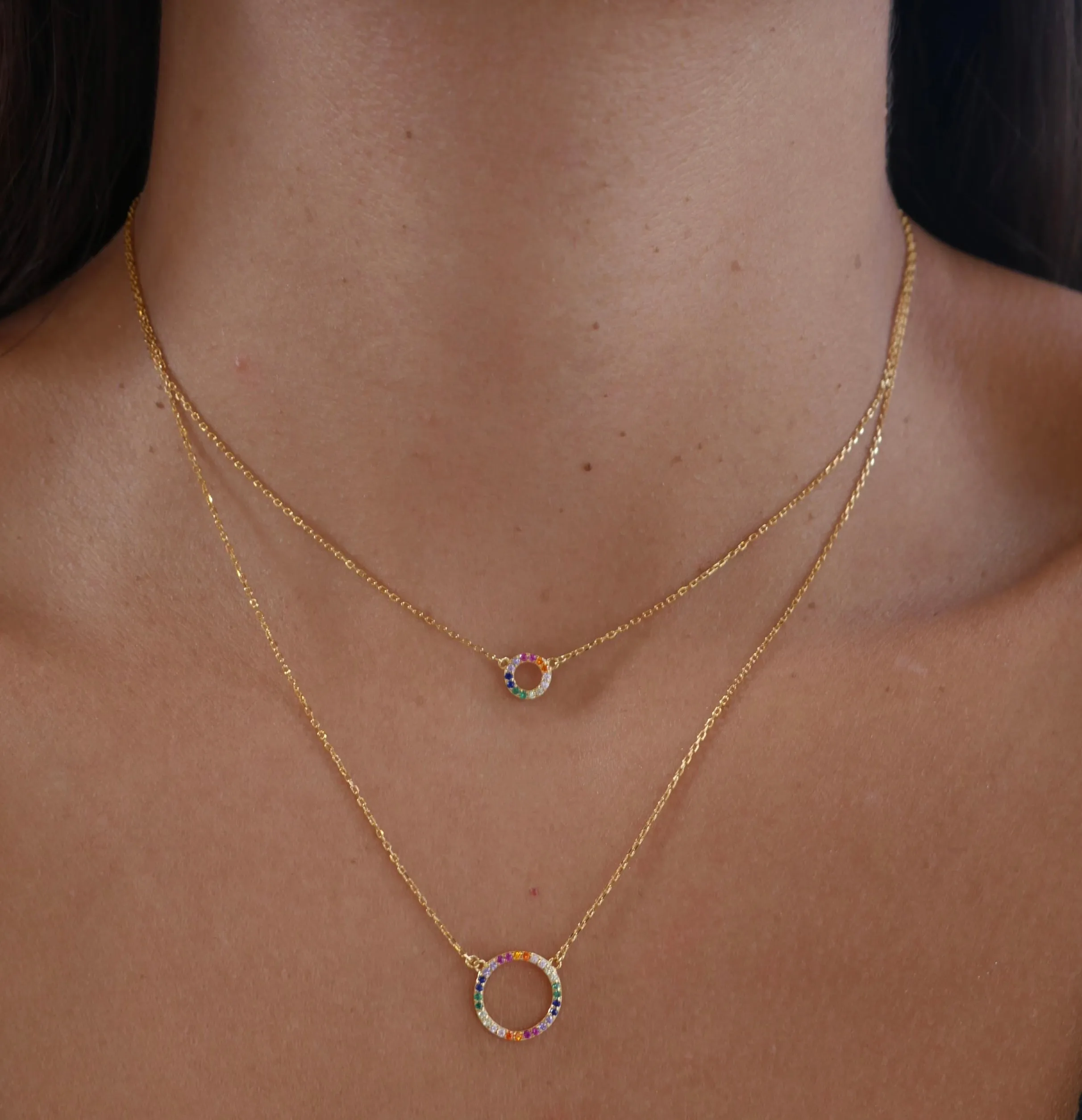 Circle Layered Necklace, 18K Gold Plated .925 Sterling Silver Diamond CZ 2:1 Dainty Necklace